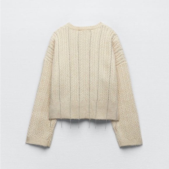 Zara Ecru Rhinestone Openwork Knit Sweater - Picture 16 of 17